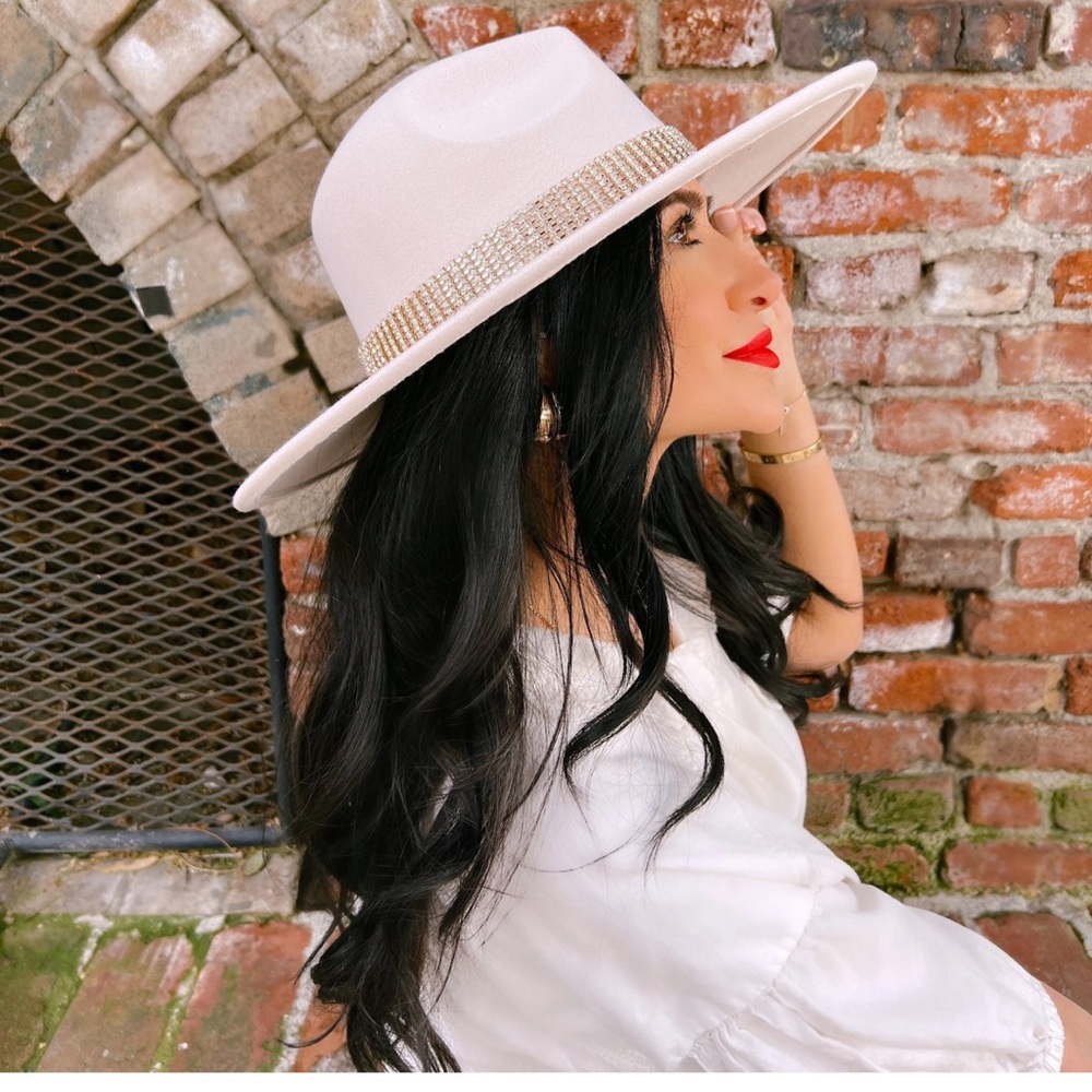 Elegant Cream Country Western Fedora Panama Hat with Brown Gold Rhinestone Band